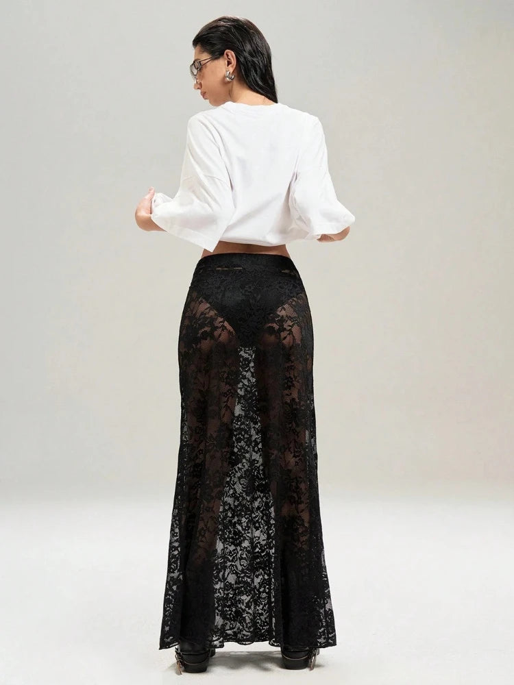 Sexy High Waist Black Lace Skirts for Women 2026 Summer See-through Long Maxi Skirt Female Hollow Out Slim Holiday Party Dress
