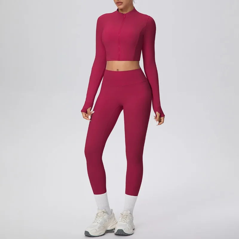 New Women Yoga Set Solid Color Double-Sided Brushed Bare Feel Short Long-Sleeve Jacket Tight Pants Running Fitness 2-Piece Set