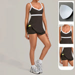 Women's Seamless Yoga Jumpsuit Tennis Sports Fitness Beautiful Back Slim Fit One-piece Pocket Anti-exposure Training Golf Skirt