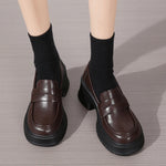 Brown Pu Leather Platform Loafers for Women British Style Round Toe Thick Heel Pumps Woman Slip On High Heels Office Shoes Lady