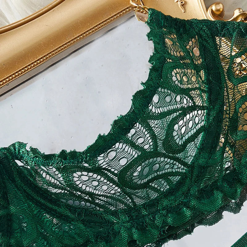 Women Lace Lingerie Ultra Sexy French Thin Bra Sets Intimate Exotic Sets Luxury Erotic Lingerie Dark Green Youth Sexy Lingerie