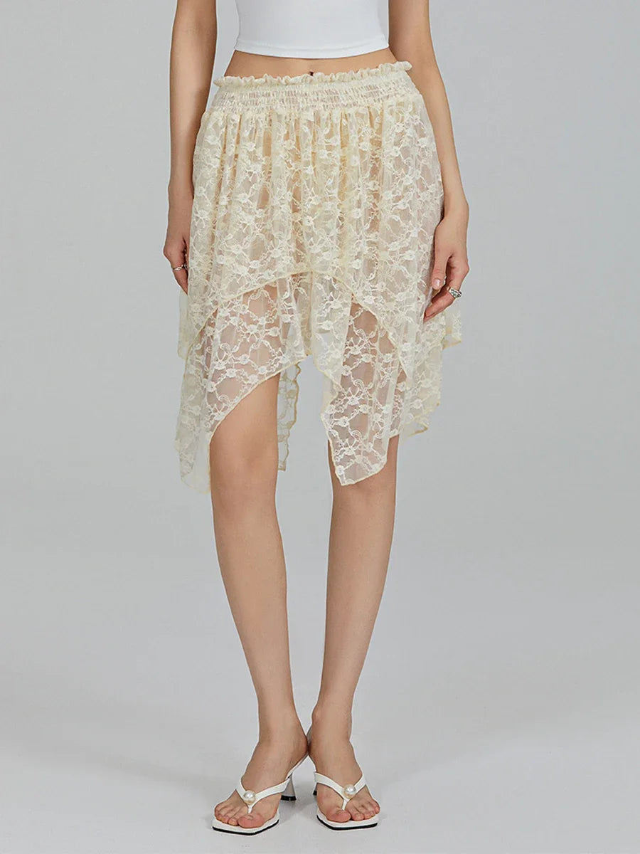 Women's Lace Skirts High Waist Irregular Hem Skirts Summer Korean Fashion Gothic Sexy Club Beach Skirts