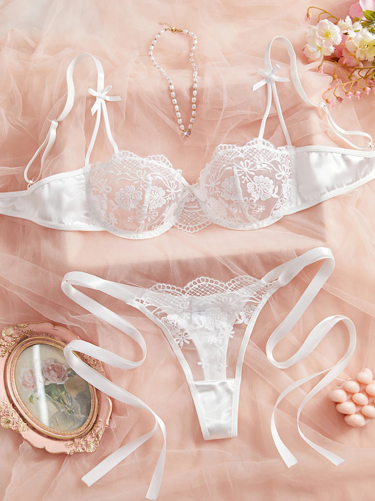Lady Floral Embroidery Lingerie Set Women Sheer Bra and Brief Underwear Set Satin Sexy Intimates Underwear