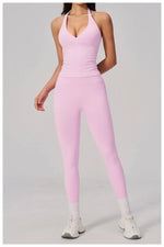 Summer Seamless Yoga Sets Women V Neck Slim Sports Tank Top Fitness Suit Peach Hip High Elasticity Leggings Running Tracksuit