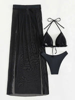 3D Flowers Ruffled Halter Long Skirt Bikini Women Swimwear Female Swimsuit Three-pieces Bikini Set Bathing Suit Swim Beach Wear