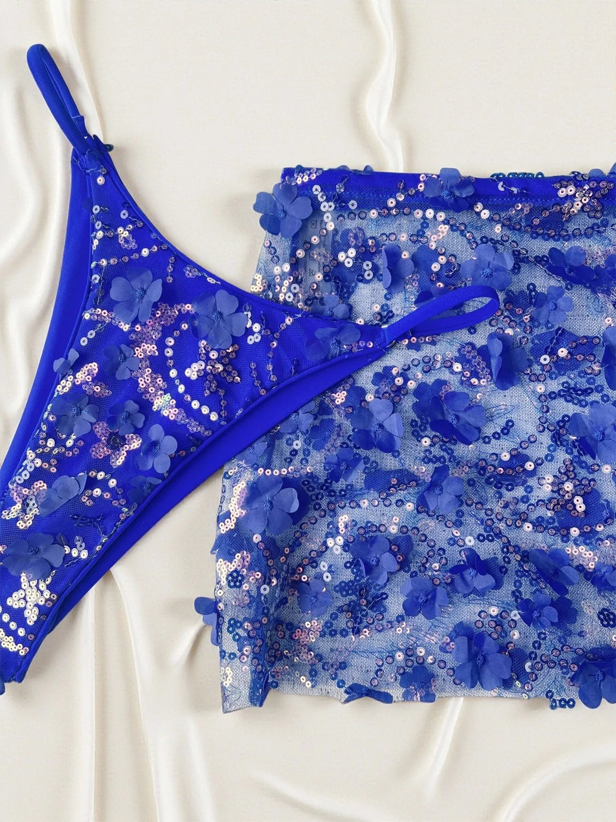 Sexy Shiny Sequin Blue White Bikini Set Women 3D Mesh Flower Cover Up 3 Piece Thong Swimsuit Beach Holiday Bathing Suit Swimwear