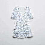 Foridol Blue Flower Print Women Tiered Mini Aummer Autumn Beach Dress Puff Sleeve Vintage Party Cotton Short Boho Lace Dress