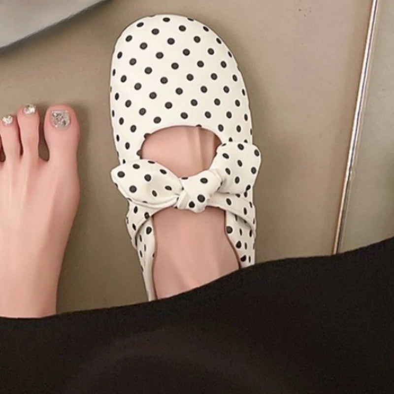 Spring/Summer Women Soft Sole Flats Sandals polka dot Round Toe Elegant Butterfly-knot Shoes
