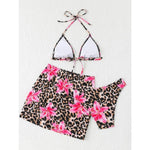 New Leopard 3 Pieces Push Up Bandeau Bikini Set Swimsuit Women Swimwear with Mesh Beach Sarong Skirts Floral Print Bathing Suit
