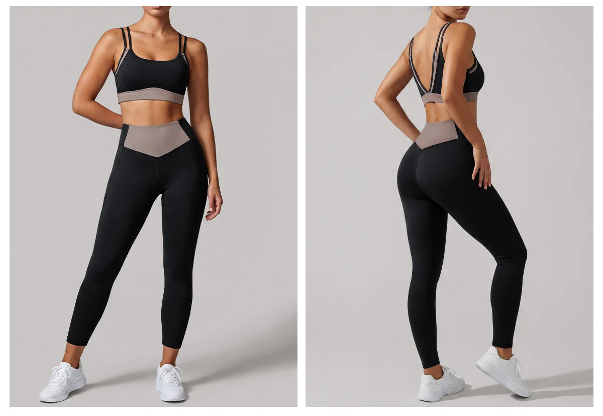 Summer Color-block Yoga Sets Women Thin Strap Open Back Shockproof Sports Bra Tight High Waist Leggings Training Fitness Suits