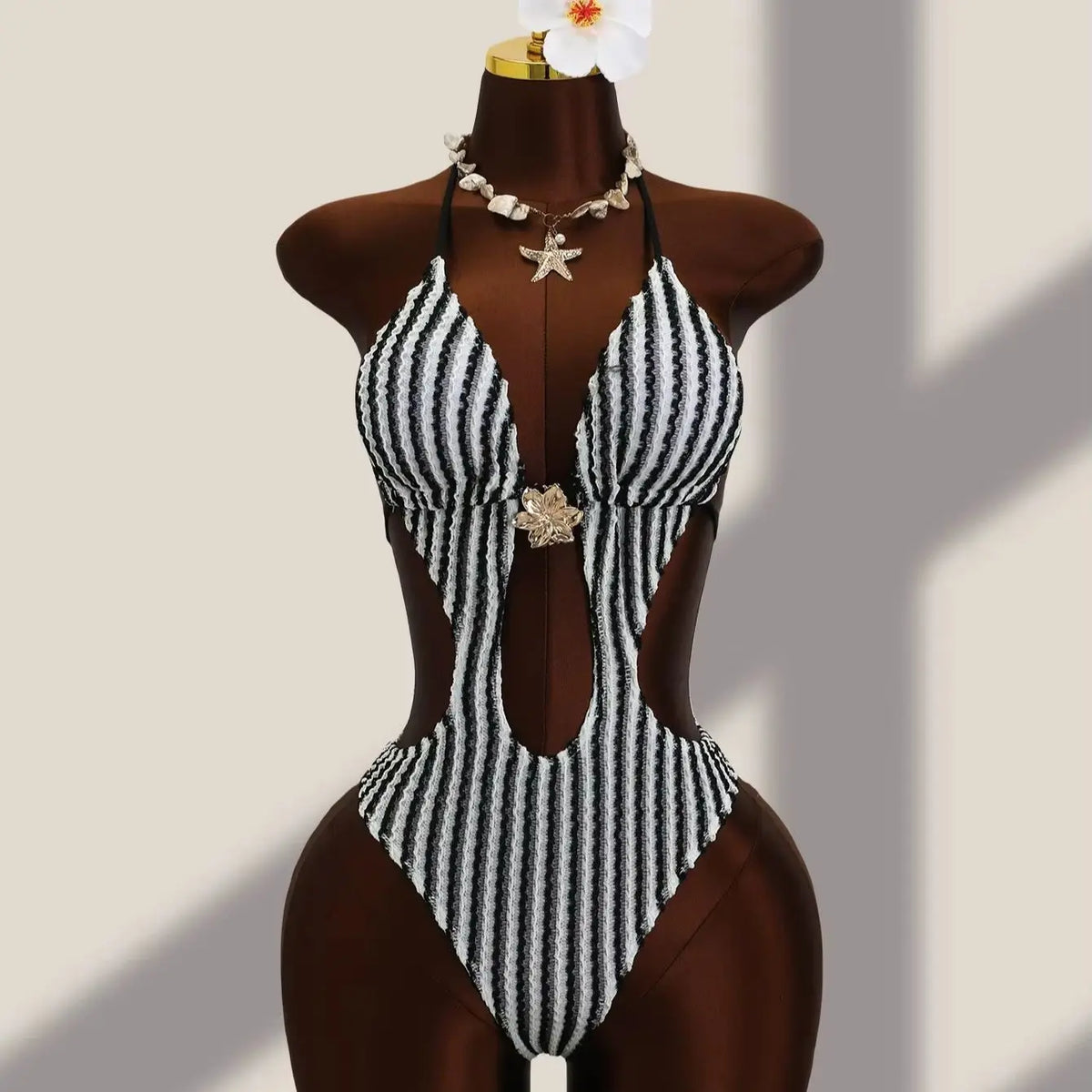 DEKA Striped Deep V Neck Halter One Piece Swimsuit Women Backless Swimwear Female High Leg Cut Monokini Bather Bathing Suit Swim