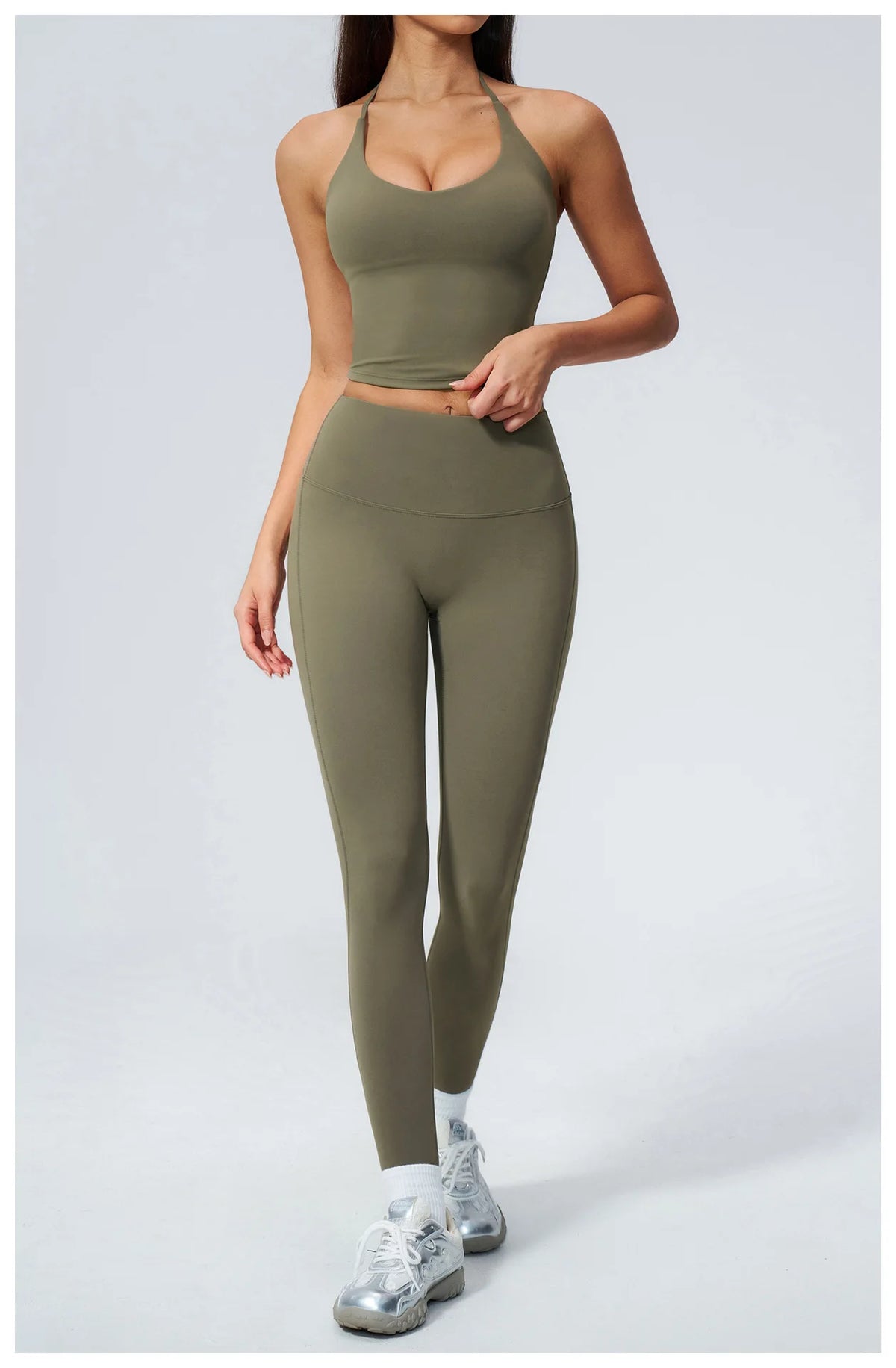 Women Tracksuit 2PCS Seamless Yoga Sets Hanging V Neck Slim Sports Tank Top Fitness Outfits Gym Running High Waist Leggings Suit