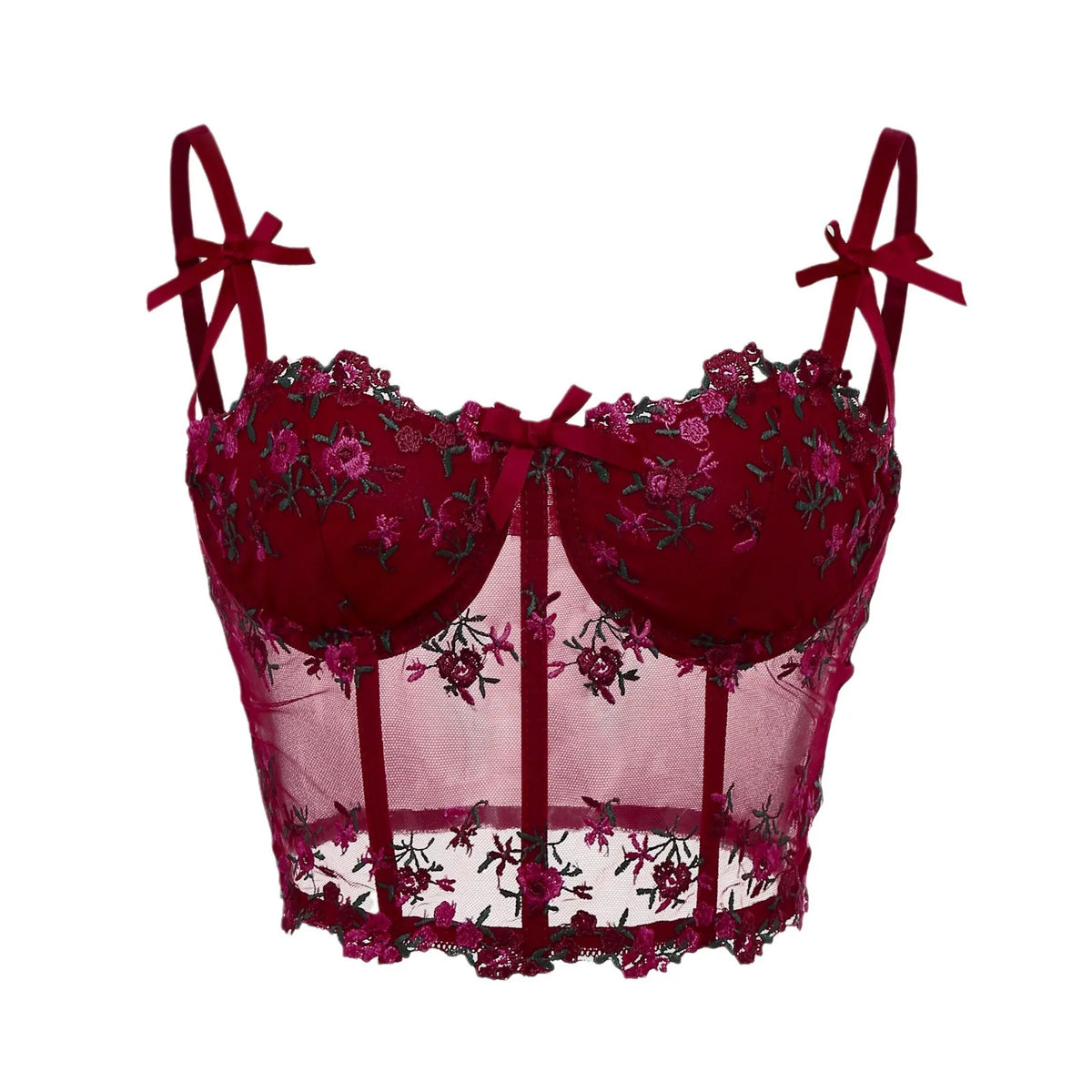Sexy Lace Floral Embroidery Bow Corset For Women Camisole Sheer Mesh Fishbone Slim Crop Top Wired Bra Camis Festival Lingerie