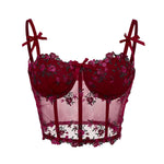Sexy Lace Floral Embroidery Bow Corset For Women Camisole Sheer Mesh Fishbone Slim Crop Top Wired Bra Camis Festival Lingerie