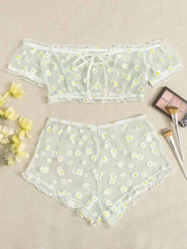 Mesh Floral Printed Off Shoulder 2Pcs Lingerie Set for Women Sexy Underwear Transparent Tops+Shorts Panties Exotic Sets