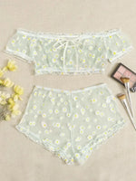 Mesh Floral Printed Off Shoulder 2Pcs Lingerie Set for Women Sexy Underwear Transparent Tops+Shorts Panties Exotic Sets