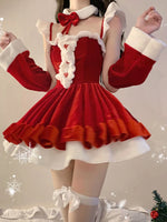 Women Christmas Red Lingerie Plush Patchwork Strapless Tube Dress Christmas Party Cosplay Costume With Arm Sleeve and Choker