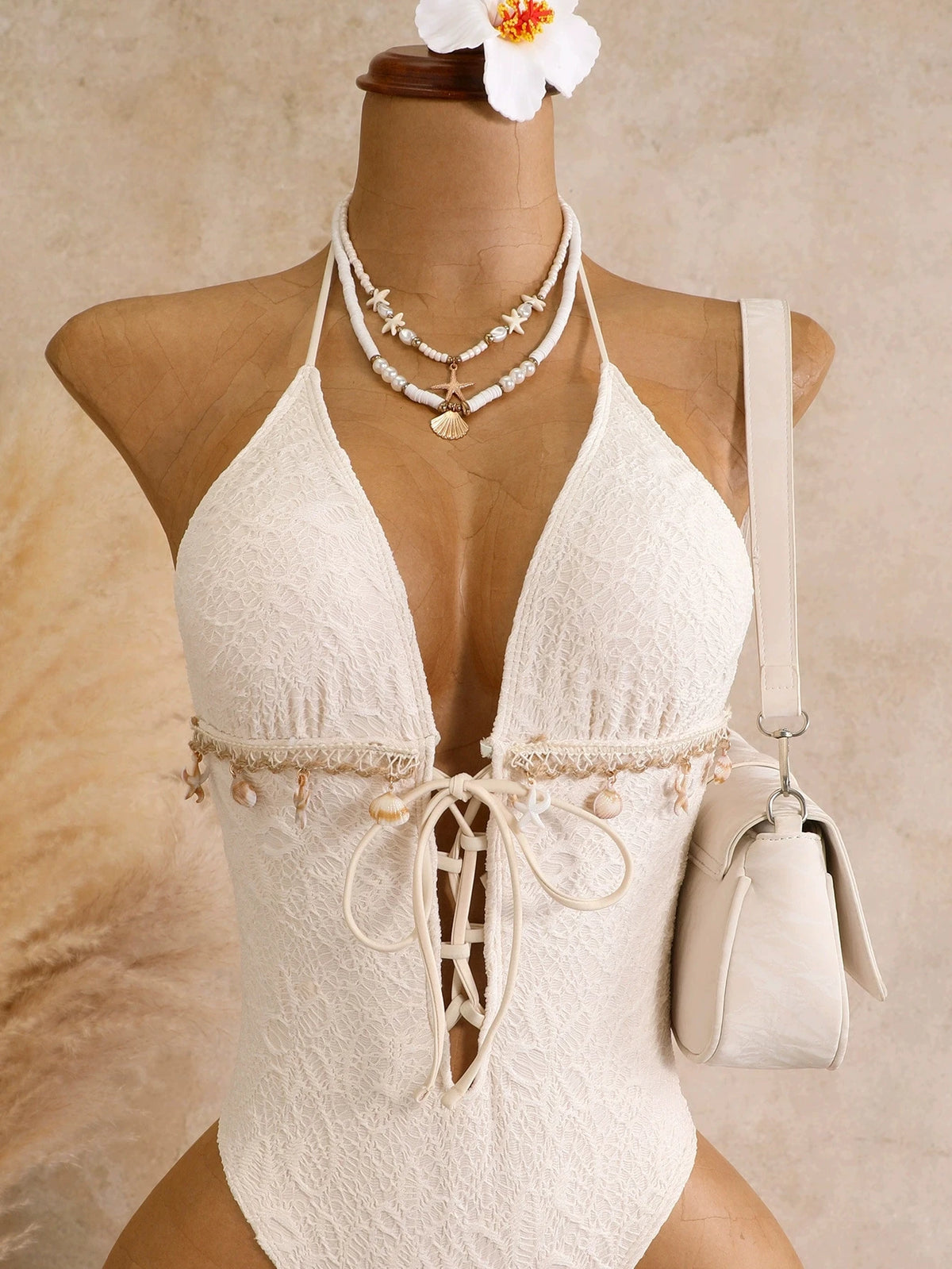 DEKA Sexy Deep V Neck Hollow Out Backless Swimwear White Shell Starfish Ornament One Piece Swimsuit Women Bathing Suit Holiday