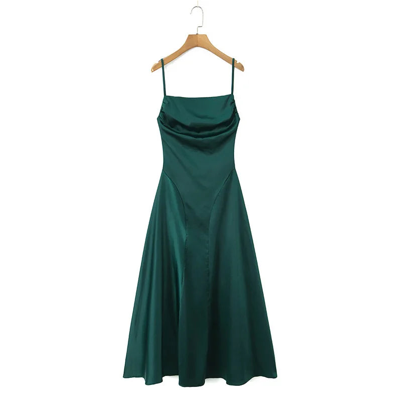 Australian Women's Back-cross-strap Hollow-out Camisole Dress With Chest Pleats Slim-fit Waist And Long Skirt Pure Desire ZJBL