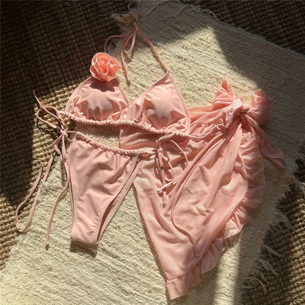 Sexy 3D Flower String Halter Bikinis 2025 Women Swimsuit Cover Ups Lace-up Thong Swimwear Beach Wear Bather 3 Piece Bikini Set