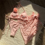 Sexy 3D Flower String Halter Bikinis 2025 Women Swimsuit Cover Ups Lace-up Thong Swimwear Beach Wear Bather 3 Piece Bikini Set