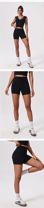 Naked Yoga Sets Women Gym V Neck Slim Sports Vest High Waist Shorts 2 Piece Fitness Suits Outwear Running Workout Tracksuit