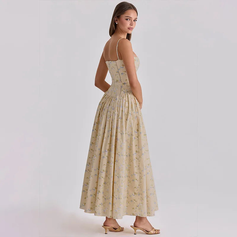 FDYOUI 2026 Summer Spaghetti Strap A-line Floral Vacation Dress for Women Elegant High Waist Tunics Long Party Evening Dresses