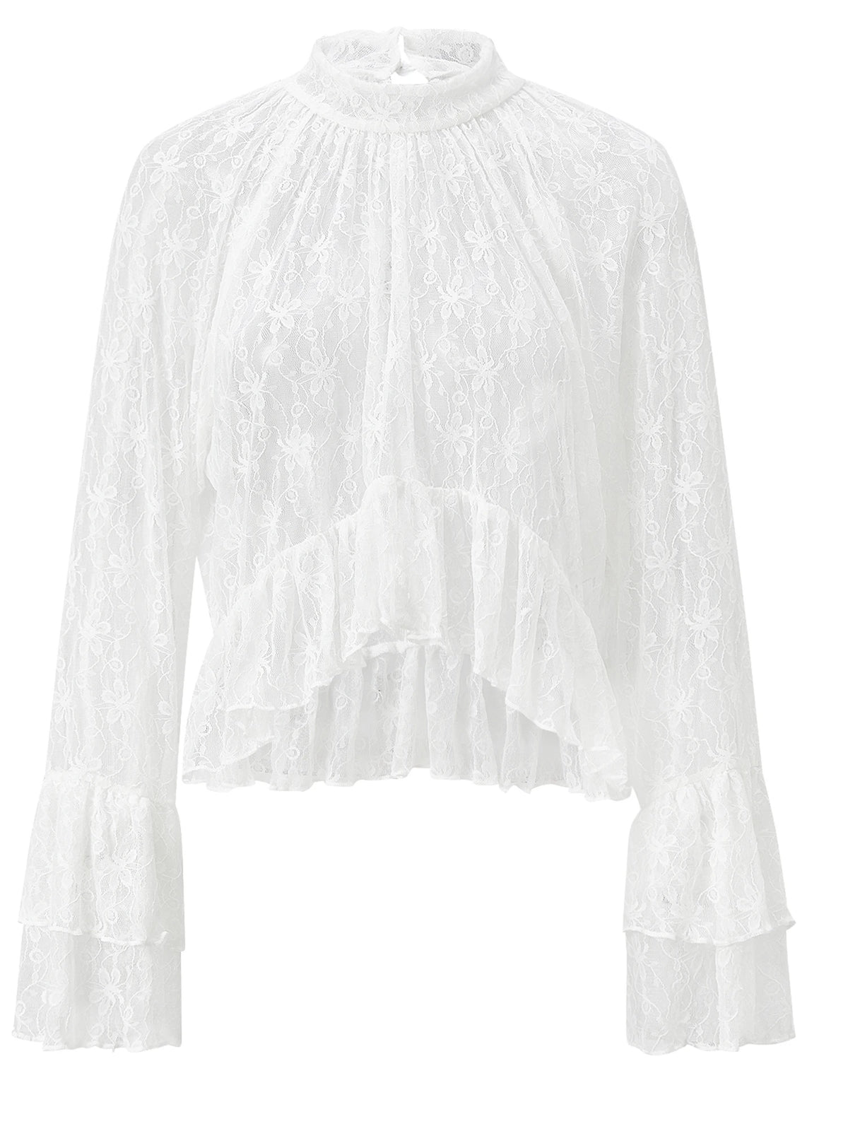Womens Summer Sheer Shirts Flare Long Sleeve Mock Neck Lace Floral Tops Fashion Ruffled Peplum Hem Cropped T-shirts