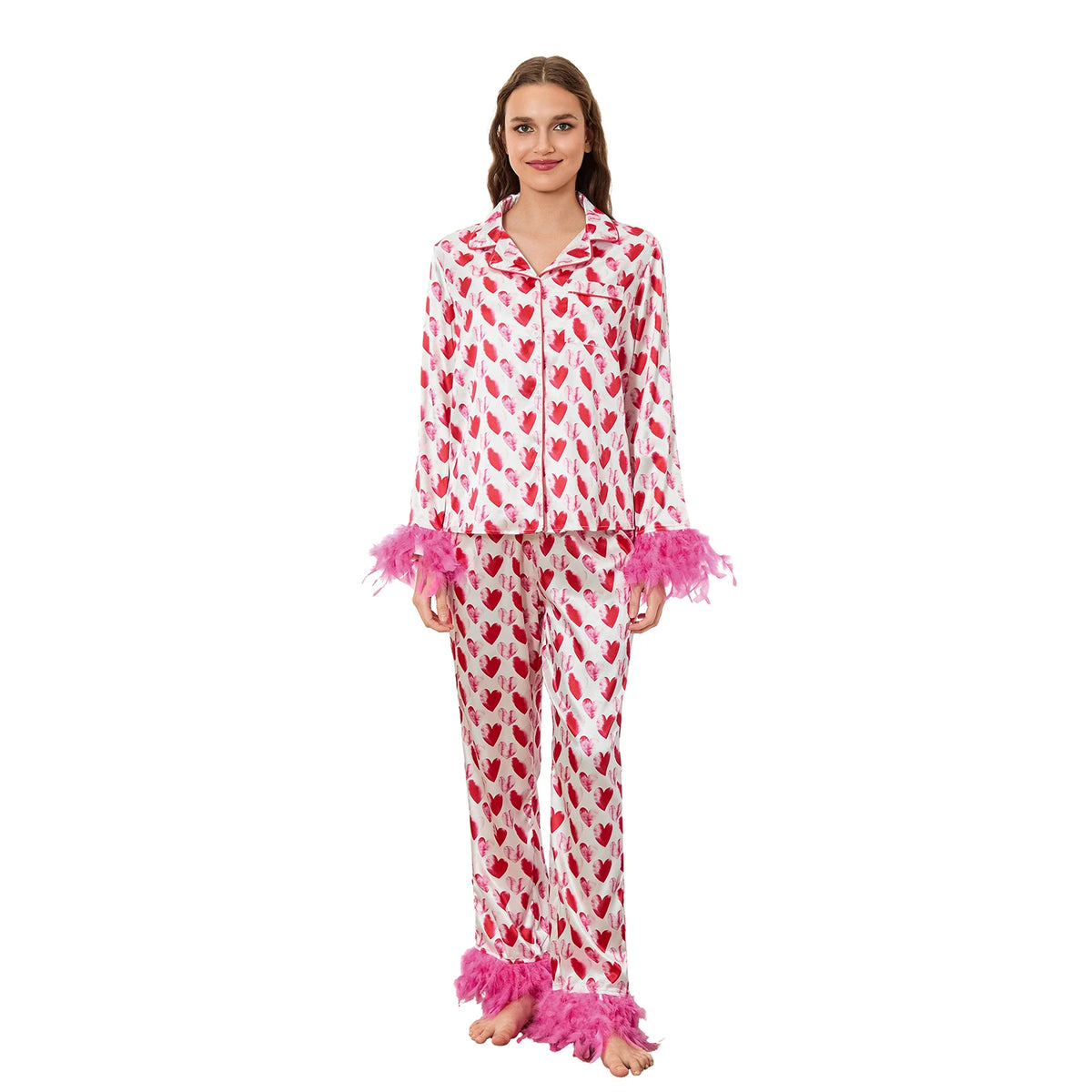 2 Piece Satin Pajama Set Women Feather Trim Long Sleeve Button Up Shirt Tops + Long Pants Set Sleepwear Loungewear