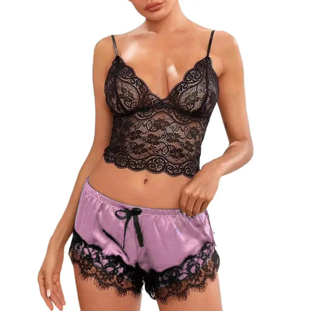 Women Pajama Set Lace Pajama Top Satin Shorts With Black Silk Bow And Lace Trim Sexy Lace Camisole Set Ladies Sleepwear Outfit