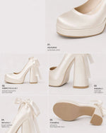 Size 42 Elegant Pink Satin Platform Block Heel Pumps Black Ribbon Wrap Ballerina Bow Wedding Party Dress Heels Shoes Women