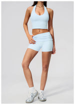 2PCS Yoga Set Women V-neck Cross Neck Shock-absorbing Sports Vest Workout Pleate Flip High Waist Shorts Gym Runing Fitness Suits