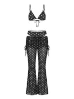 Women 4 Piece Swimsuit Dots Print Bikini Sets Bra Thongs Sheer Pants Cover-ups Scarf Bathing Suit for Beach Pool