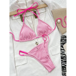 Sexy Neon Halter Ribbed Bikini Female Swimsuit Women Swimwear Two-pieces Bikini Set Padded Bather Bathing Suit Swim Lady V4048