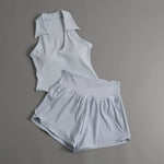 Summer Women's Sports Sets Color Contrast Lapel Collar Sports T Shirts High Waist Pleate Shorts Gym Running Fitness Yoga Suit