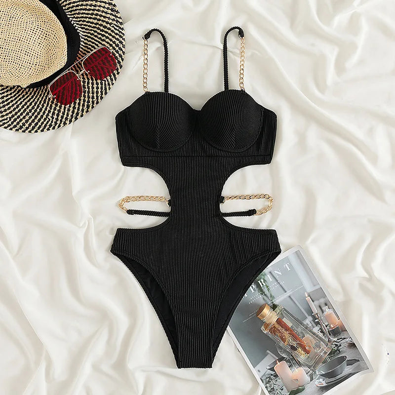 Sexy Push Up Underwire One Piece Swimsuit Women Solid Pink Metal Chain Hollow Out Ribbed Bathing Suit Backless Swimwear Monokini