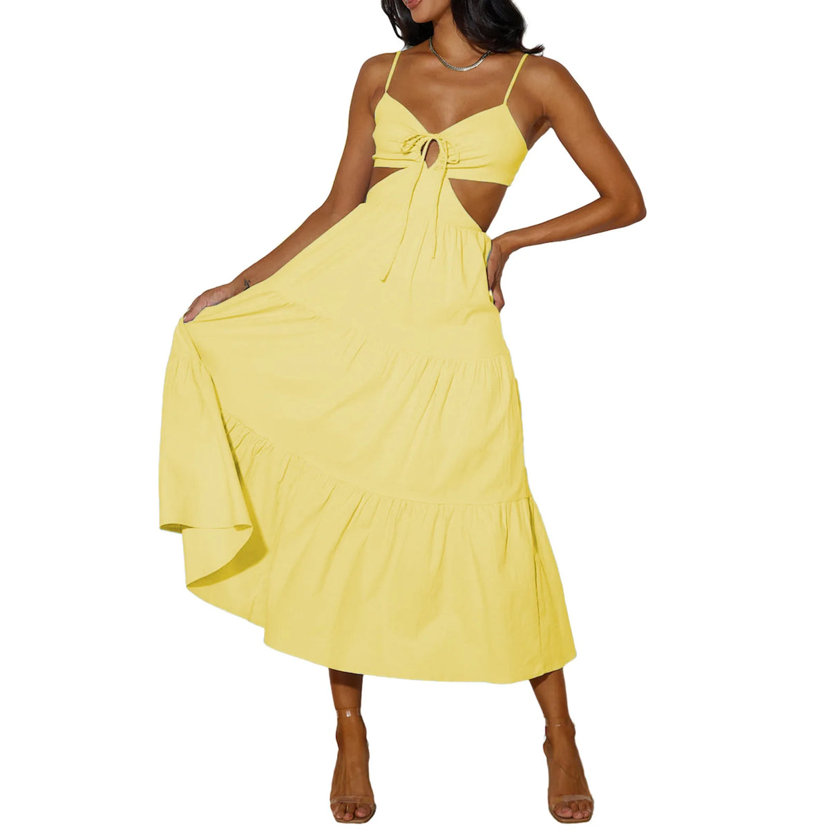Spaghetti Strap Vacation Long Dress For Women Summer 2025 Fashion Elegant Sleeveless Backless Hollow Out Vestidos Party Dresses