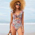Vintage Blue Floral Print One Piece Swimsuit Skirt Sets Women Front Bow Ruffles Hollow Tummy Control Bathing Suit Swimwear 2026
