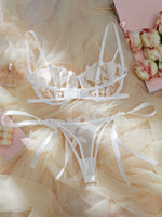 Ladies Floral Lace Thin Briefs Romantic Sexy Set with Belted Pants Elegant Shiny Underwear