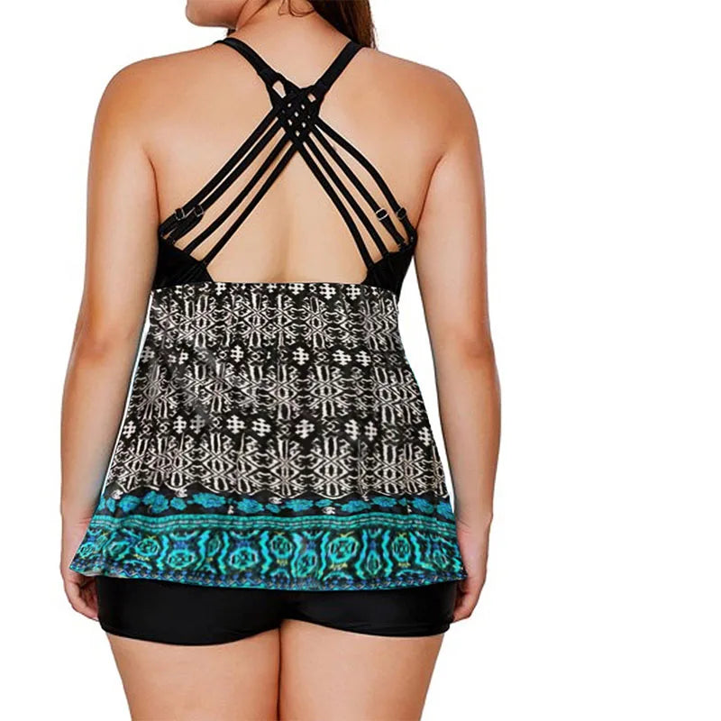 DEKA Women Plus Size Tankini SetFloral Print Swimwear Push Up Two Piece Top+Shorts Sports Swimsuit Beachwear Bathing Suit