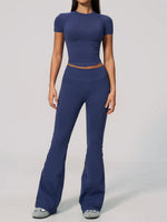 Seamless High Elasticity Yoga Sets Women Short Sleeve O Neck Sports T Shirts Workout Outfits Running Wide Leg Pants Fitness Suit