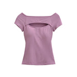 Korean Style Goddess Off-Shoulder Casual Elegant Sexy Hot Girl Top Women Hollow Out Short Sleeved Solid Color T-Shirt Charm 7O4B