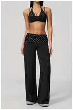 Fake Two-piece Sports Bra Yoga Sets Women Coffee Striped Patchwork Folding High Waist Wide Leg Pants Gym Running Fitness Suits