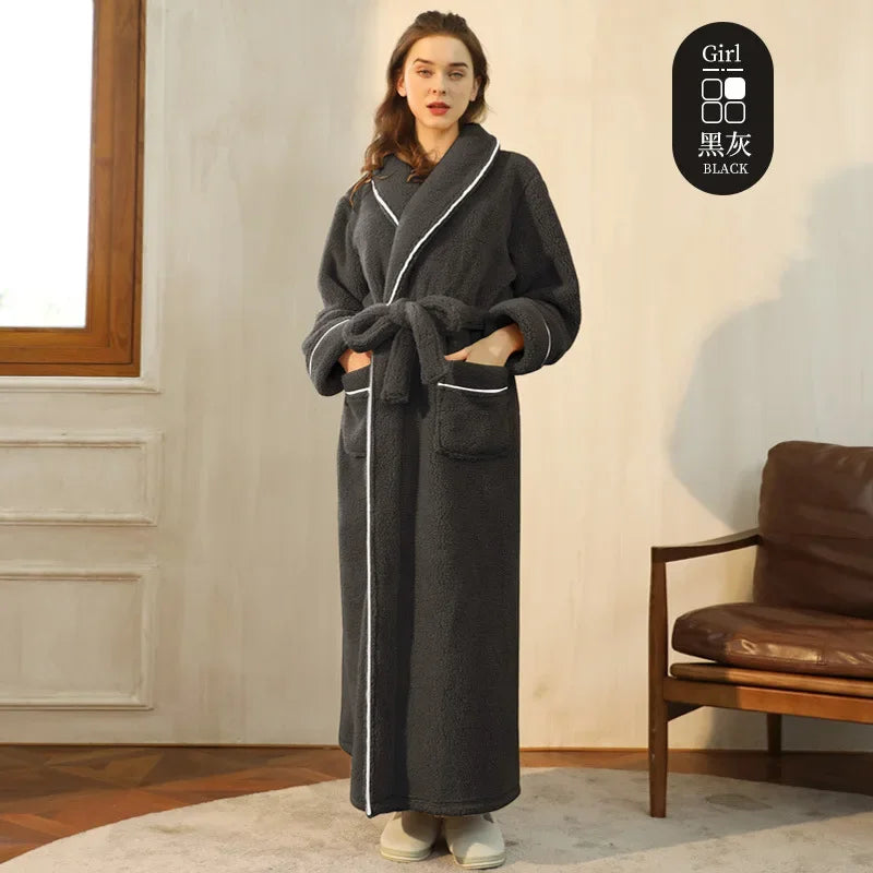 Men's and Women's Styles Winter Bathrobe Long Sleeve Warm Turn Down Collar Fluffy Bath Robe with Sashes Solid Fleece Gown 2025