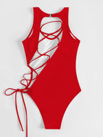 2026 Print Lace Up Back Swimsuit One Piece Solid Swimwear Women Bathing Swimming Suit Female Padded Summer Beachwear Bodysuit