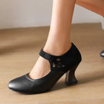 Summer Spring Cute Women Pumps Round Toe 6.5cm Small Heels Flock and PU Ankle Strap Buckle Green Yellow Big Size 46 48