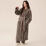 Thickened Flannel Robe Pants Pajamas Set Autumn Winter New Couple Coral Velvet Women Men Bathrobe Striped Lengthed Home Clothes
