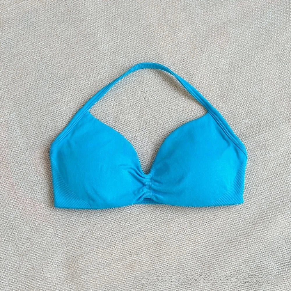 Women Seamless Impact Strappy Bra Removable Pads High Elastic Quick Dry Breathable Halter Neck Sports Top Yoga