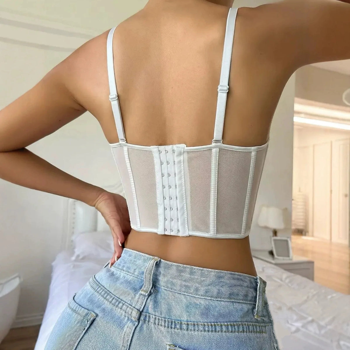 Summer White 3D Flower Camisole Vest Women Sexy Hanging Neck Transparent Mesh Embroidered Corset Slim Fit Fishbone Tank Tops