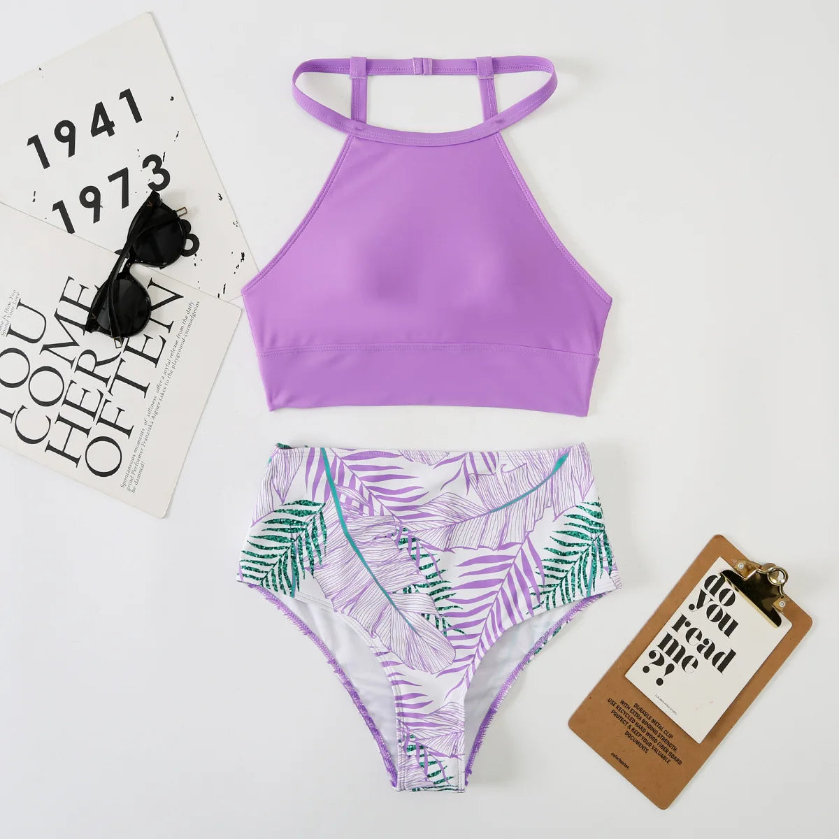 Sexy Light Purple High Waist Bikini 2024 Woman High Neck Swimsuit Female Two Pieces Swimwear Women Print Beach Wear Bathing Suit